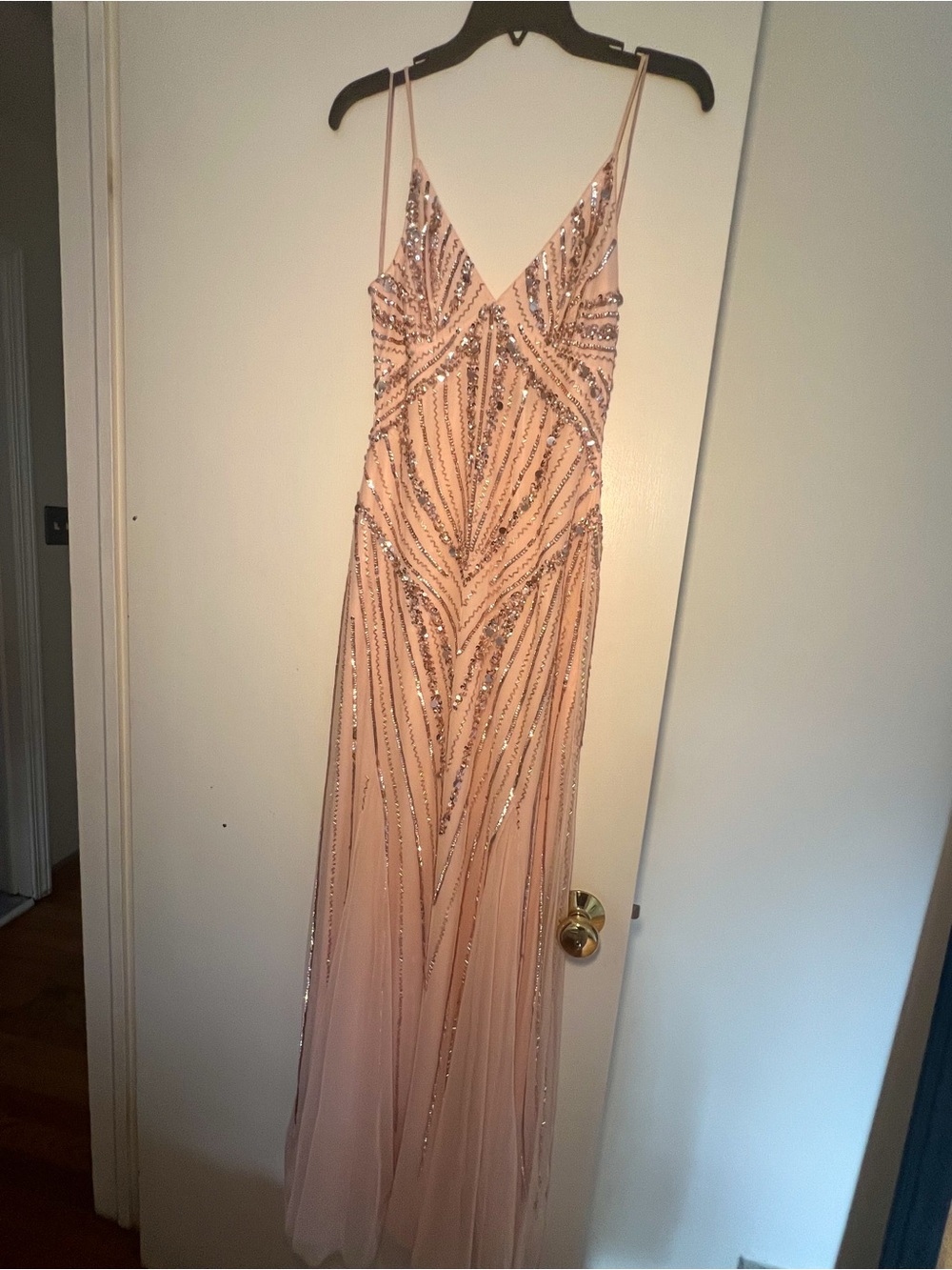 Spaghetti Strap Sequin Embellished Evening Dress in Blush